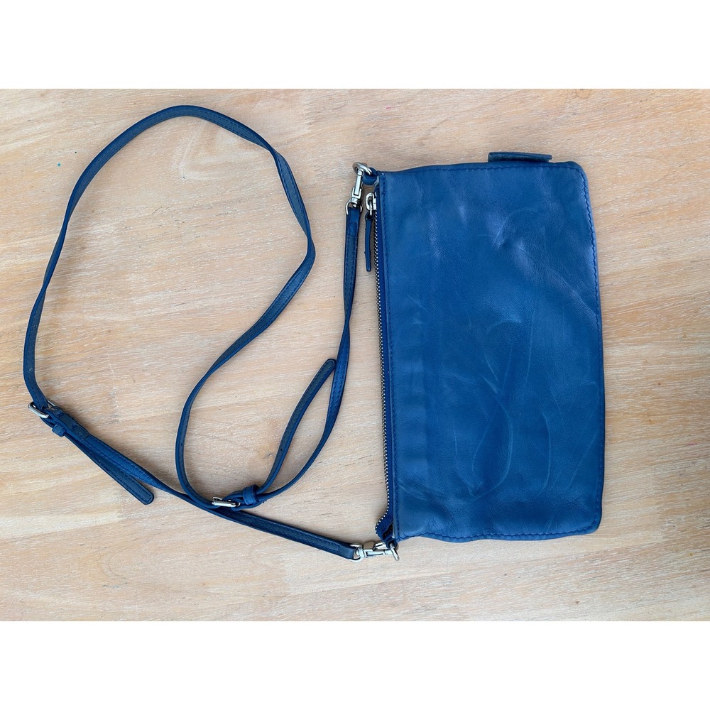 Bimba y Lola Blue Leather Crossbody Bag Silver Hardware Zip Clutch Bright - Picture 3 of 11
